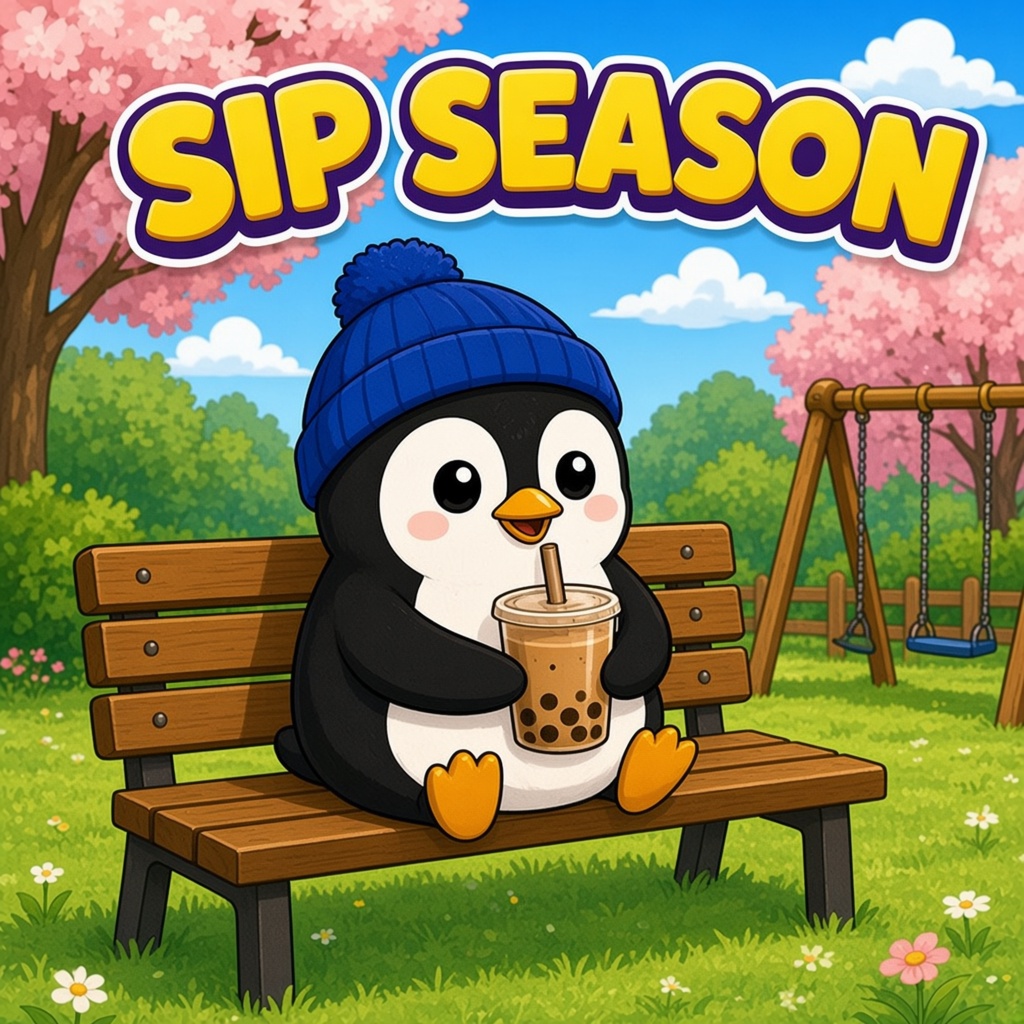 Penguin sipping boba — sip season